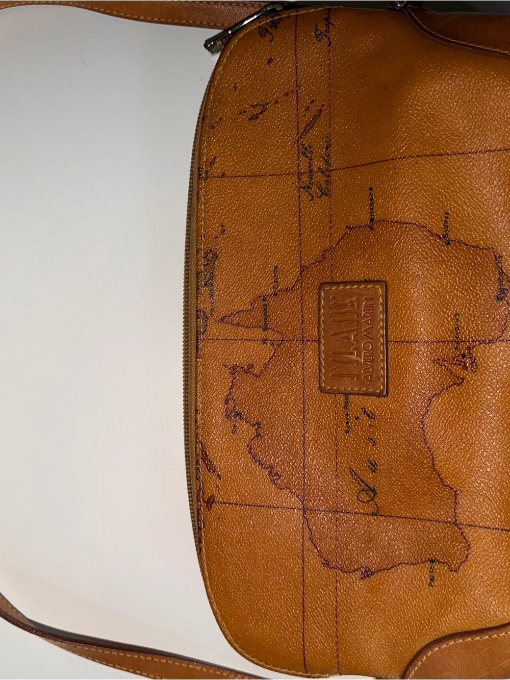 Alviero Martini Tan Map-Print Leather Messenger Bag